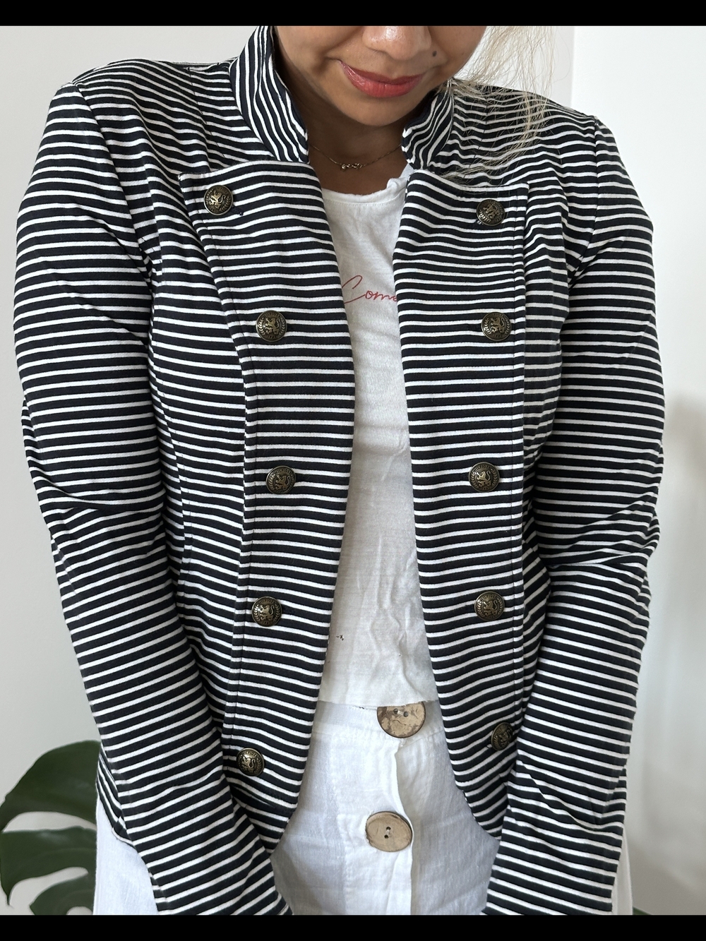 Tommy Hilfiger Double Breasted Navy & White Stripe Open Blazer Gold Buttons Sz S